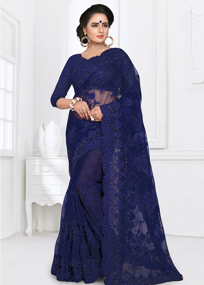 Navy Blue Organza Saree With Blouse Piece - Indian Silk House Agencies