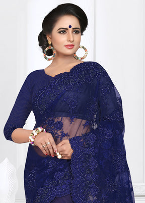 Navy Blue Organza Saree With Blouse Piece - Indian Silk House Agencies