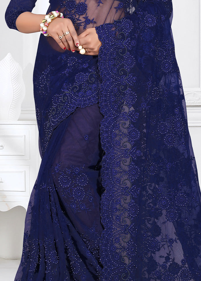 Navy Blue Organza Saree With Blouse Piece - Indian Silk House Agencies