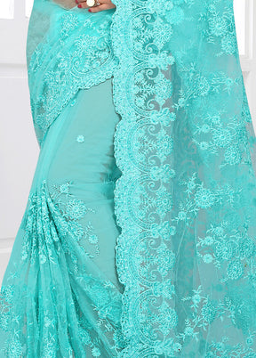 Turquoise Blue Organza Saree With Blouse Piece - Indian Silk House Agencies