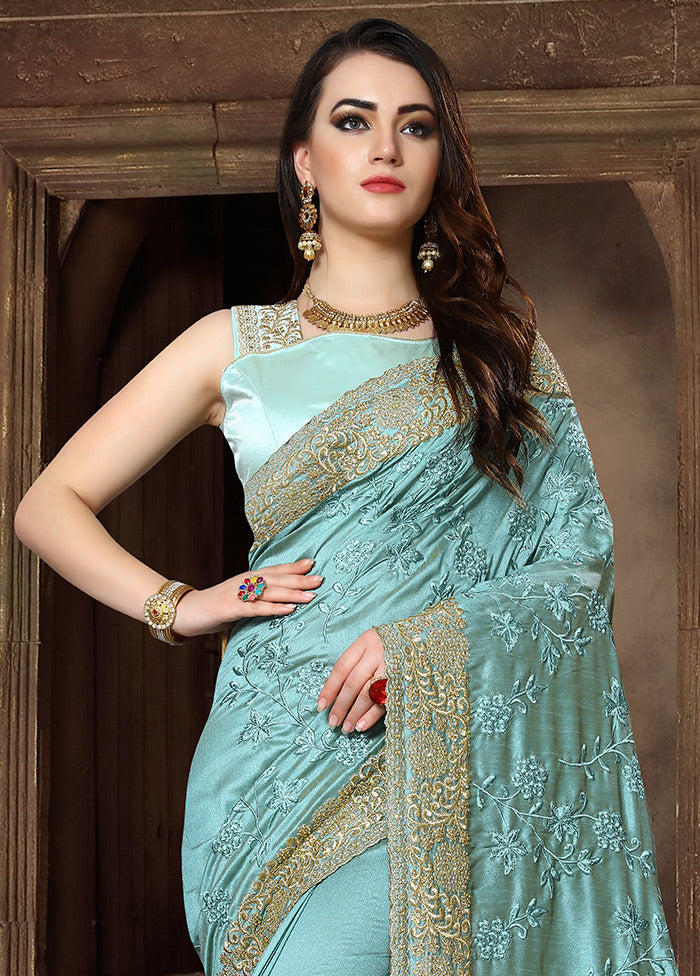 Turquoise Blue Dupion Silk Saree With Blouse Piece - Indian Silk House Agencies