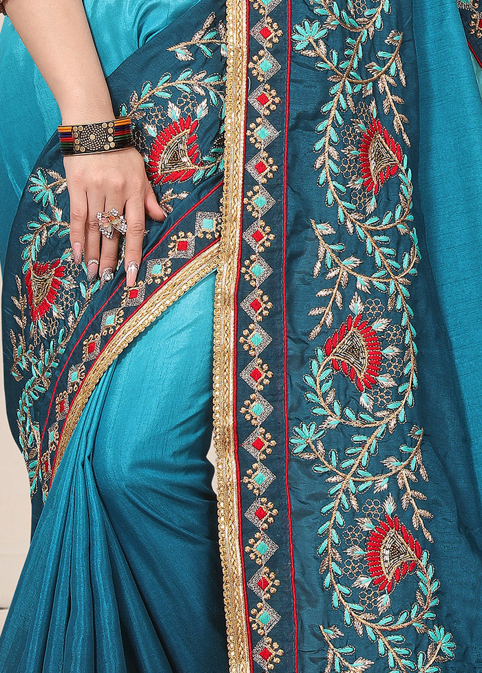 Light Blue Dupion Silk Saree With Blouse Piece - Indian Silk House Agencies