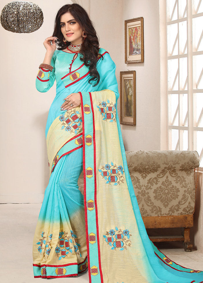 Sky Blue Cotton Saree With Blouse Piece - Indian Silk House Agencies