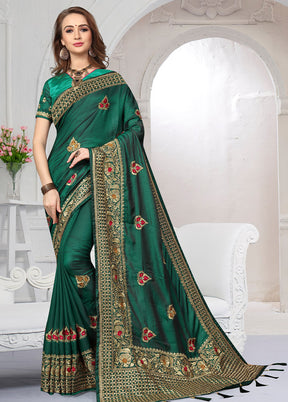 Pine Green Dupion Silk Saree With Blouse Piece - Indian Silk House Agencies