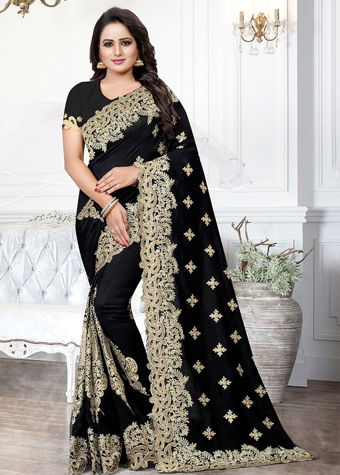 Black Dupion Silk Saree With Blouse Piece - Indian Silk House Agencies