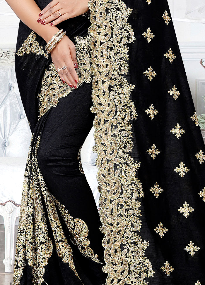 Black Dupion Silk Saree With Blouse Piece - Indian Silk House Agencies