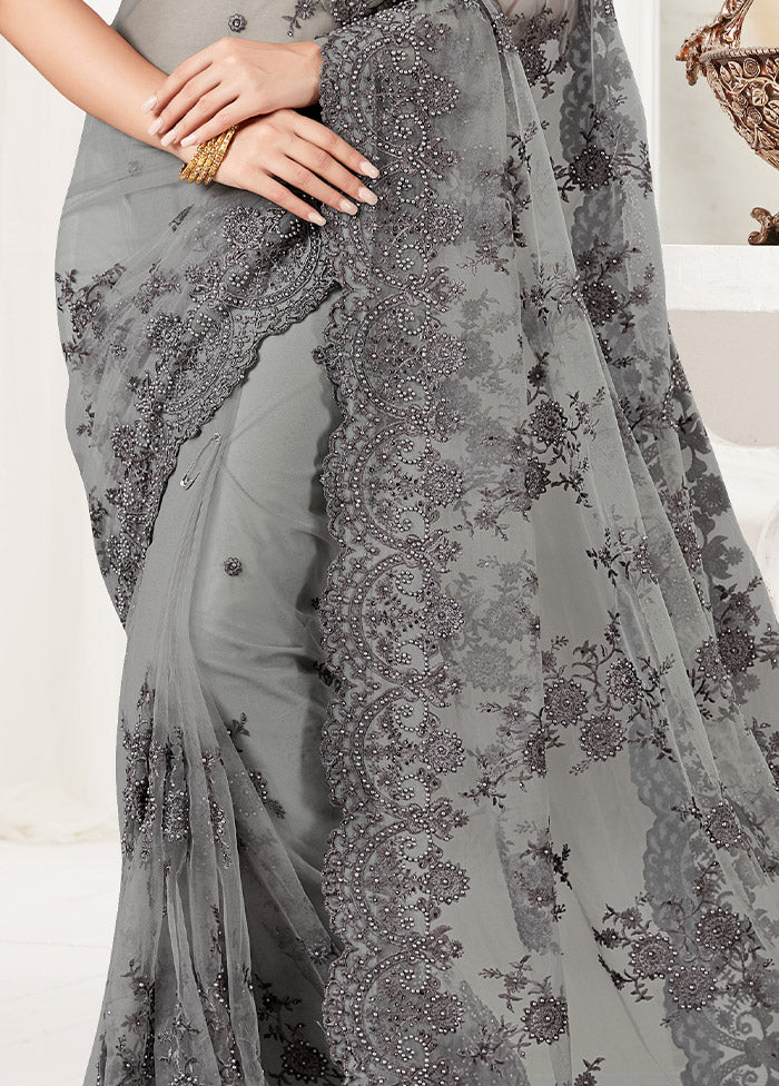 Grey Organza Saree With Blouse Piece - Indian Silk House Agencies