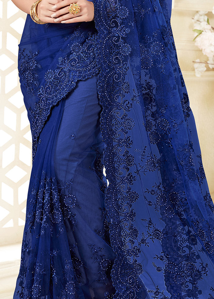 Royal Blue Organza Saree With Blouse Piece - Indian Silk House Agencies