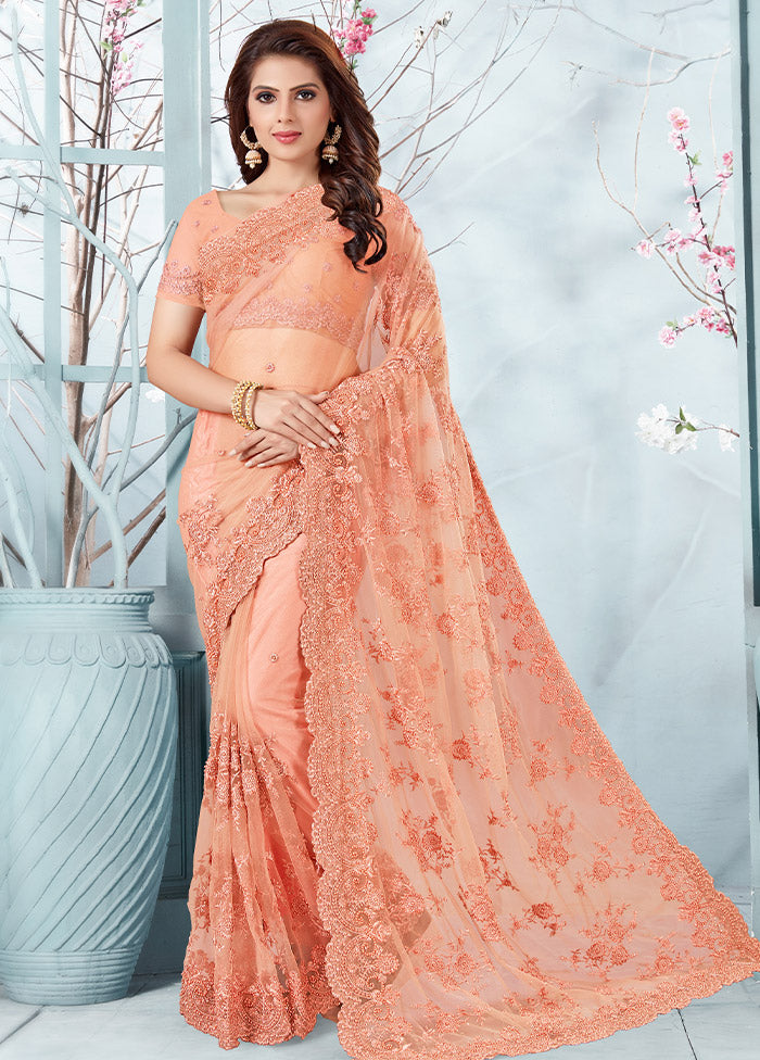 Peach Organza Saree With Blouse Piece - Indian Silk House Agencies