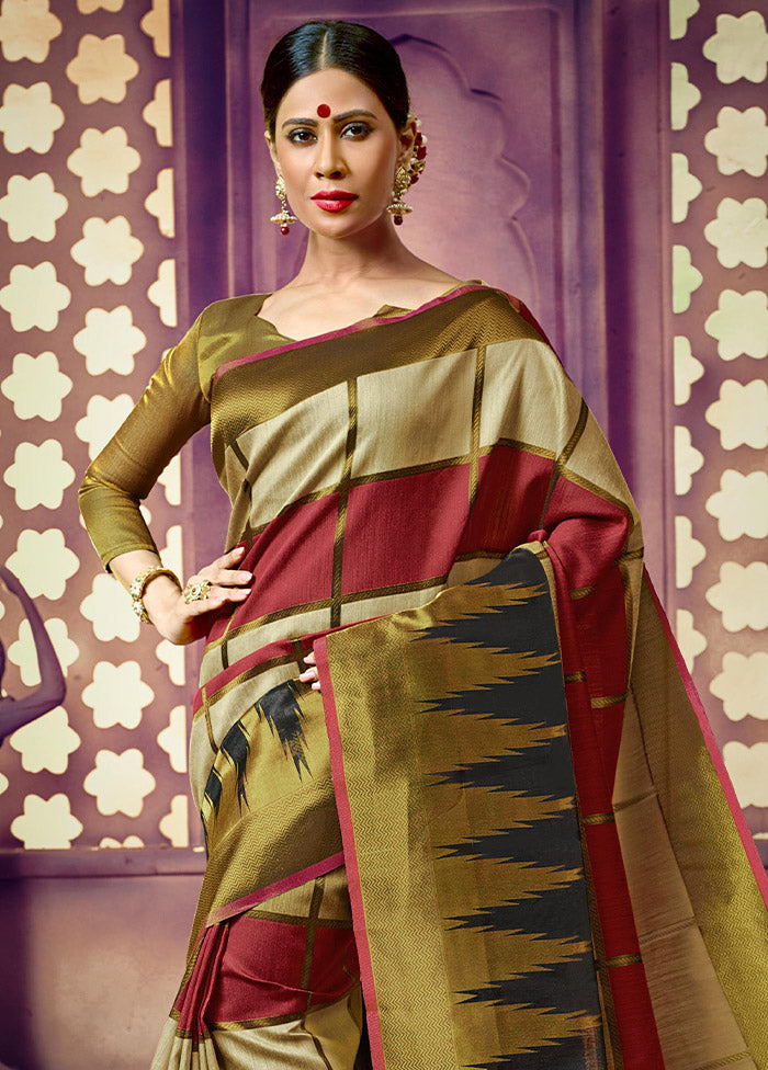Olive Green Dupion Silk Saree With Blouse Piece - Indian Silk House Agencies