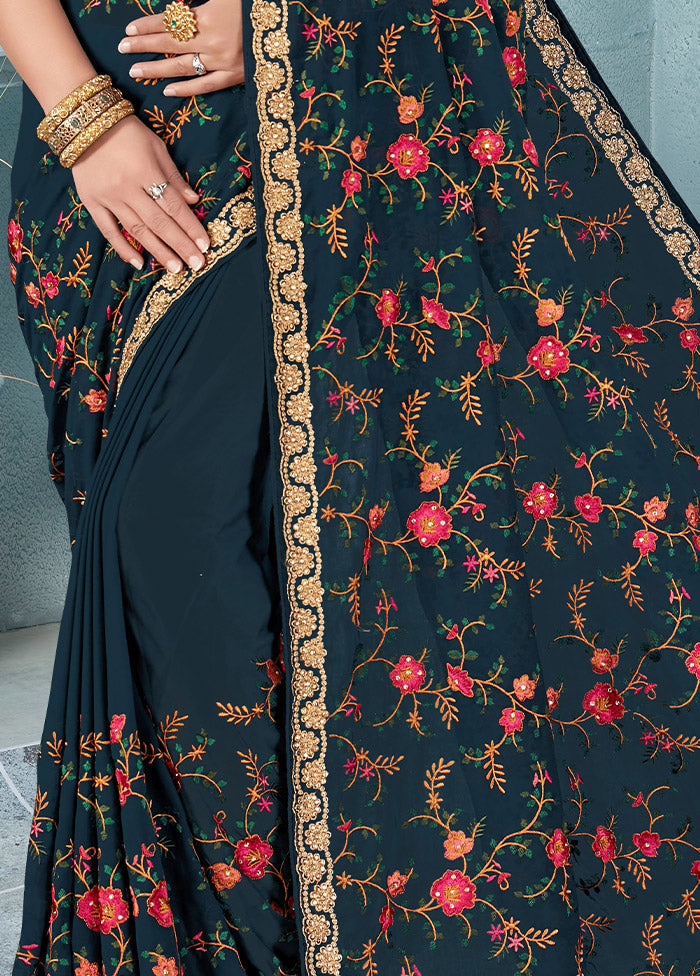 Teal Blue Georgette Saree With Blouse Piece - Indian Silk House Agencies