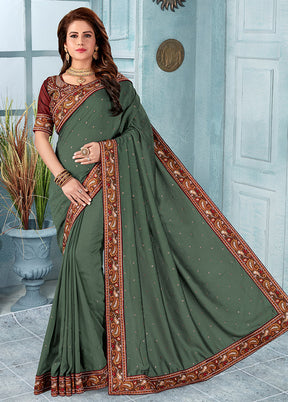 Teal Green Dupion Silk Saree With Blouse Piece - Indian Silk House Agencies