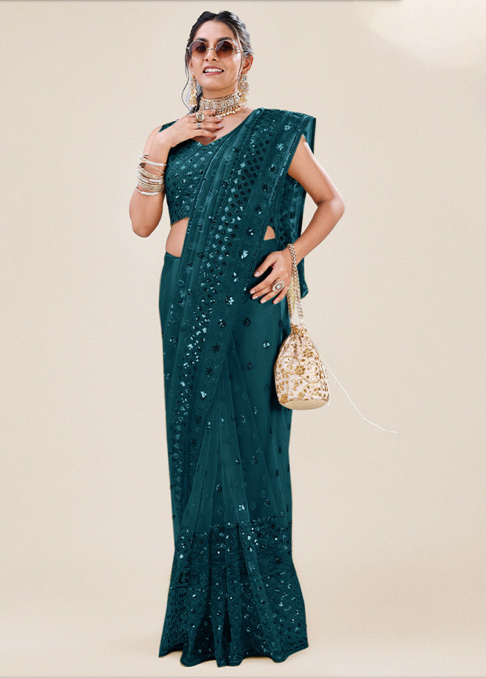 Teal Organza Saree With Blouse Piece - Indian Silk House Agencies