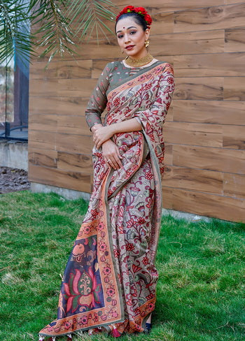 Grey Printed Cotton Saree With Blouse - Indian Silk House Agencies