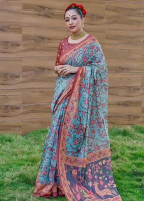 Sky Blue Printed Cotton Saree With Blouse - Indian Silk House Agencies