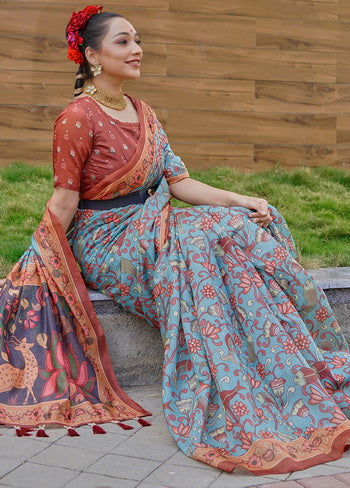 Sky Blue Printed Cotton Saree With Blouse - Indian Silk House Agencies
