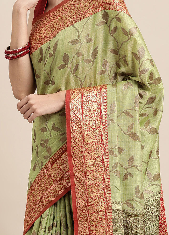 Green Spun Silk Saree With Blouse Piece - Indian Silk House Agencies