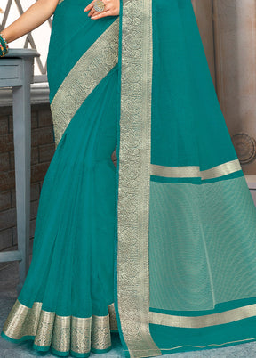 Turquoise Organza Saree With Blouse Piece - Indian Silk House Agencies