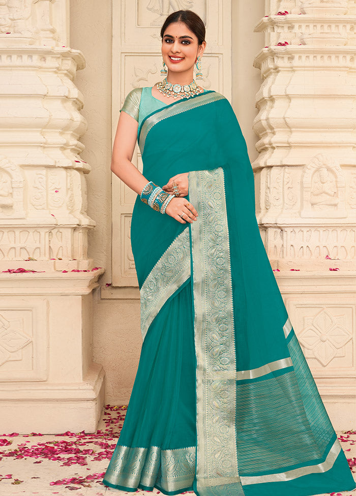 Turquoise Organza Saree With Blouse Piece - Indian Silk House Agencies