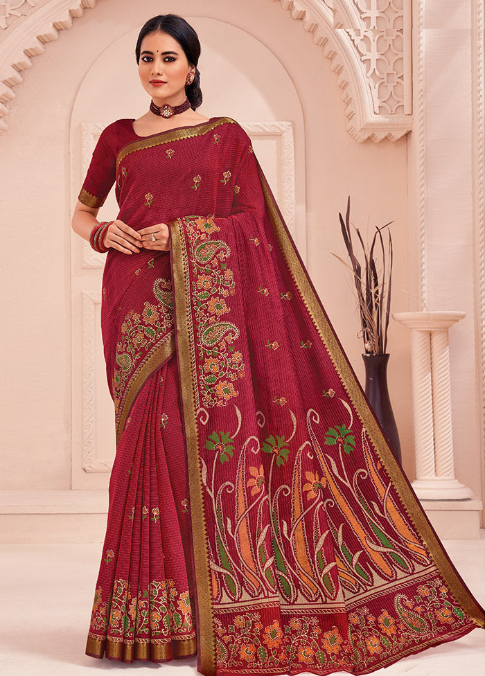 Red Cotton Saree With Blouse Piece - Indian Silk House Agencies