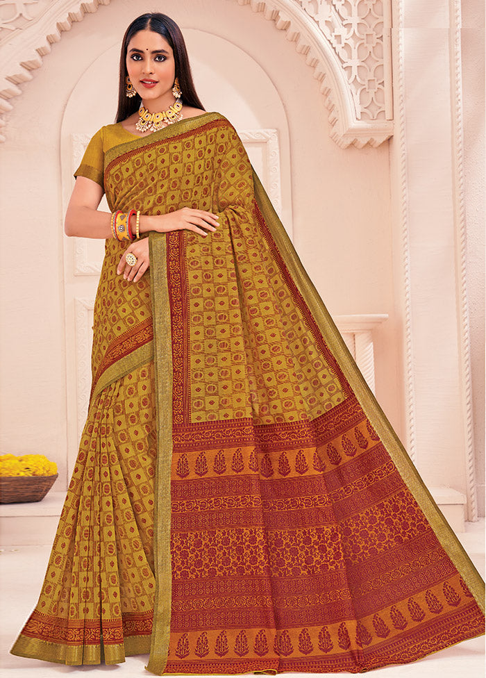 Mustard Cotton Saree With Blouse Piece - Indian Silk House Agencies