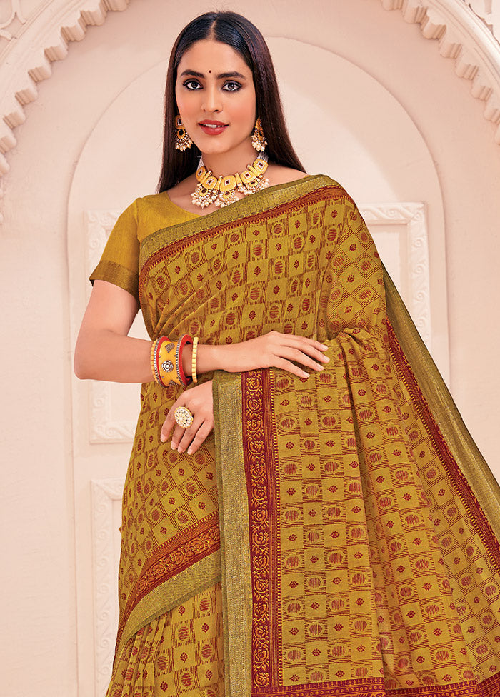 Mustard Cotton Saree With Blouse Piece - Indian Silk House Agencies