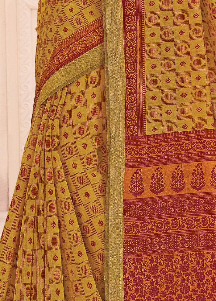 Mustard Cotton Saree With Blouse Piece - Indian Silk House Agencies