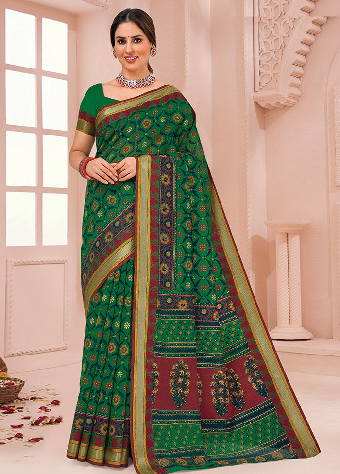 Green Cotton Saree With Blouse Piece - Indian Silk House Agencies