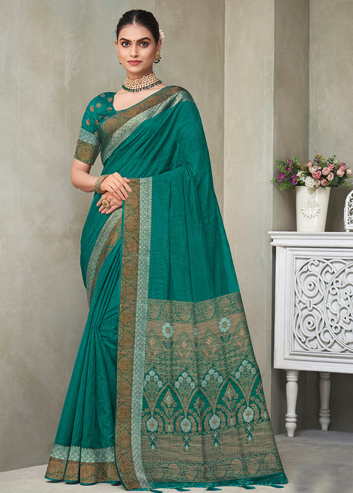 Turquoise Dupion Silk Saree With Blouse Piece - Indian Silk House Agencies