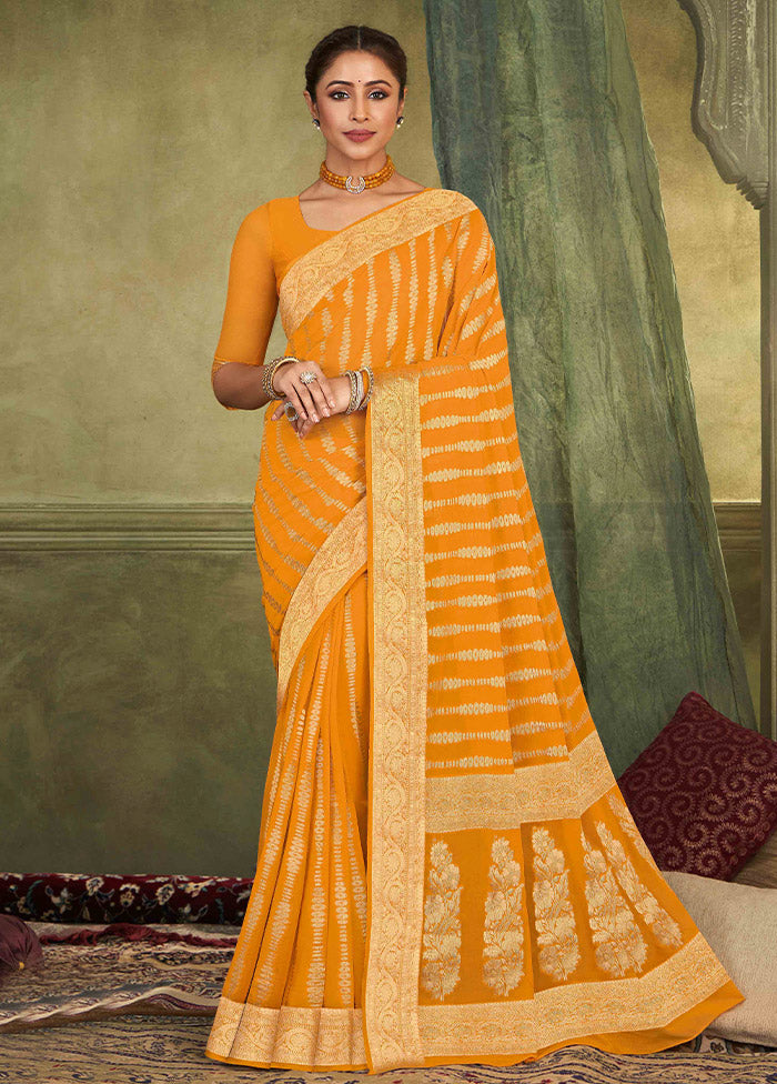 Golden Chiffon Silk Saree With Blouse Piece - Indian Silk House Agencies