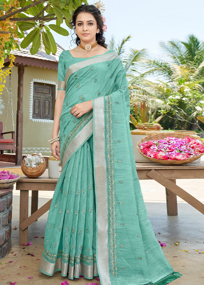 Turquoise Cotton Saree With Blouse Piece - Indian Silk House Agencies