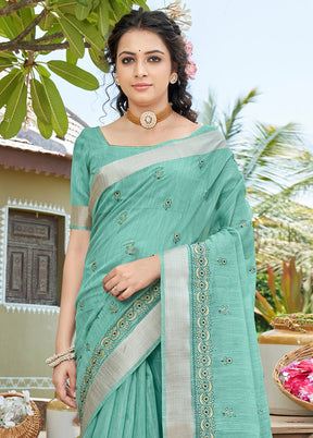 Turquoise Cotton Saree With Blouse Piece - Indian Silk House Agencies