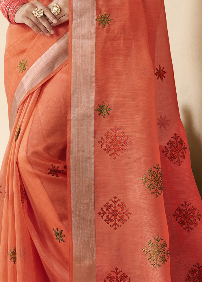 Orange Chanderi Silk Saree With Blouse Piece - Indian Silk House Agencies