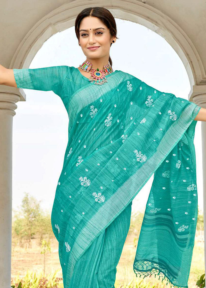 Blue Cotton Saree With Blouse Piece - Indian Silk House Agencies