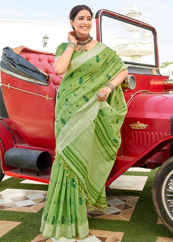 Pista Green Cotton Saree With Blouse Piece - Indian Silk House Agencies