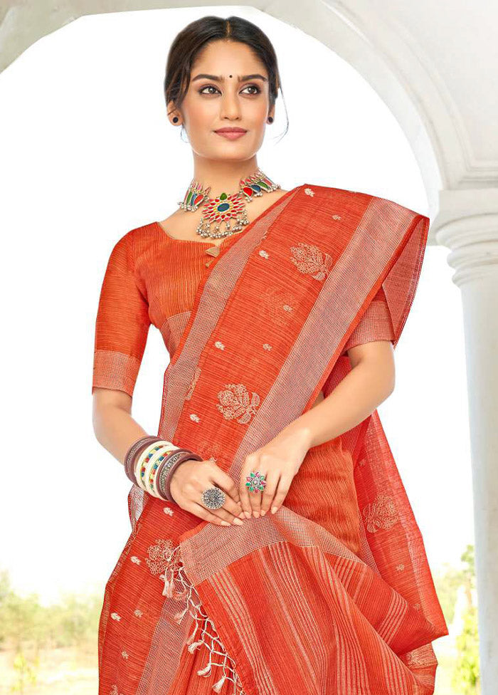 Orange Cotton Saree With Blouse Piece - Indian Silk House Agencies
