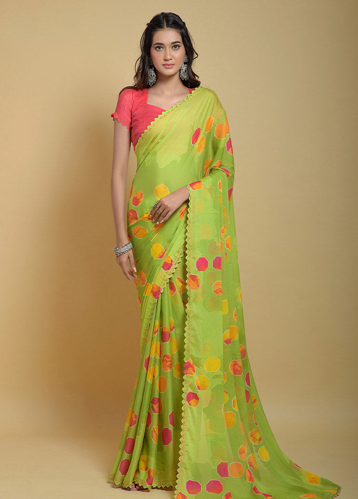 Lime Green Georgette Saree With Blouse Piece - Indian Silk House Agencies