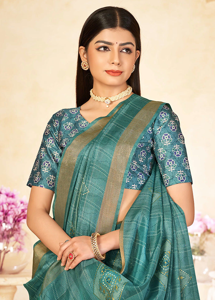 Teal Blue Dupion Silk Saree With Blouse Piece - Indian Silk House Agencies