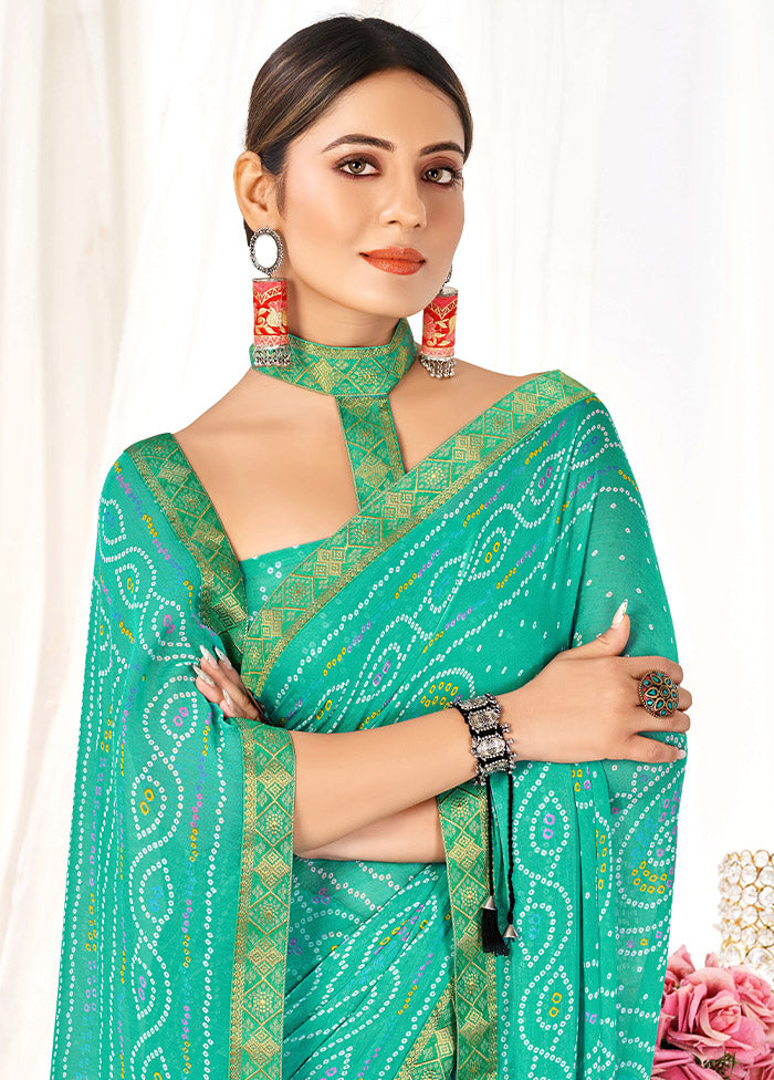 Turquoise Chiffon Silk Saree With Blouse Piece - Indian Silk House Agencies