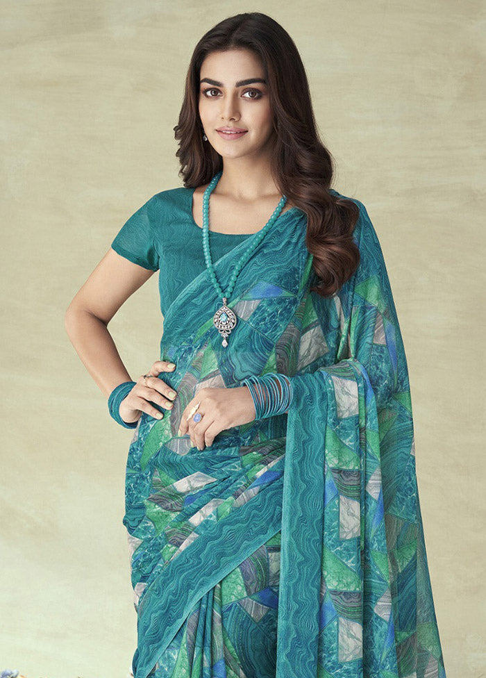 Teal Chiffon Silk Saree With Blouse Piece - Indian Silk House Agencies