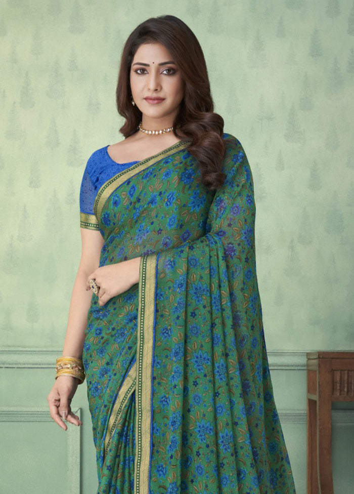Turquoise Chiffon Silk Saree With Blouse Piece | Indian Silk House Agencies