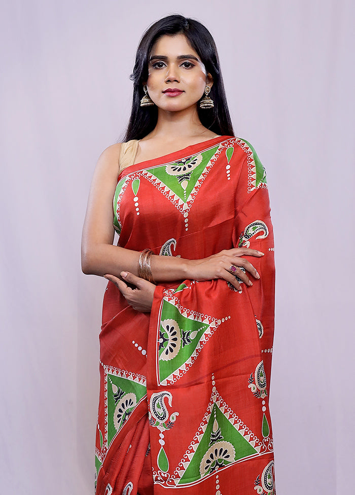 Red Printed Pure Silk Saree With Blouse Piece - Indian Silk House Agencies