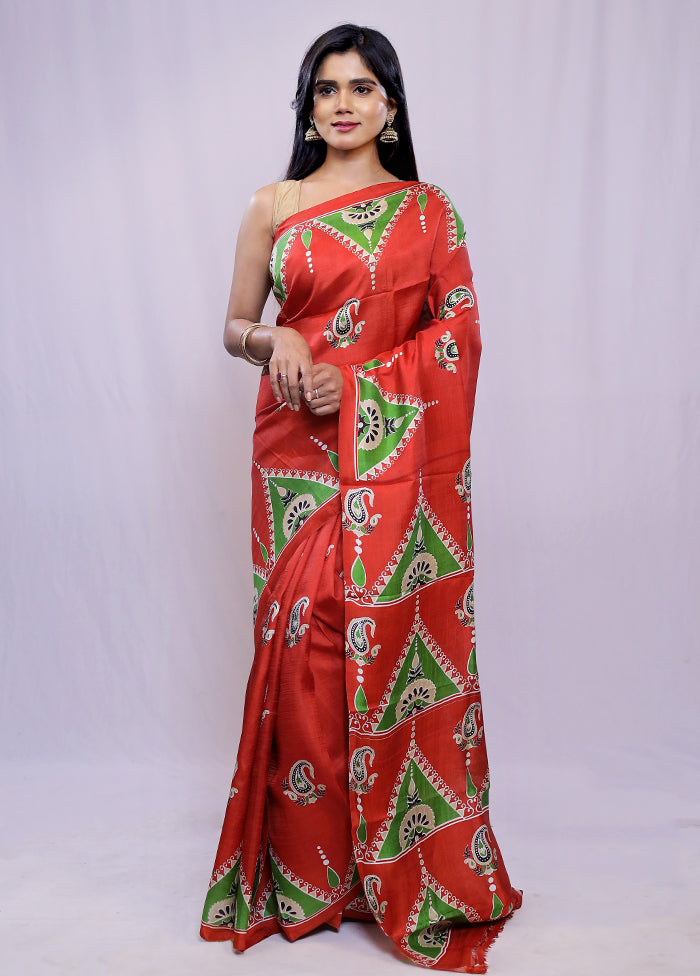 Red Printed Pure Silk Saree With Blouse Piece - Indian Silk House Agencies