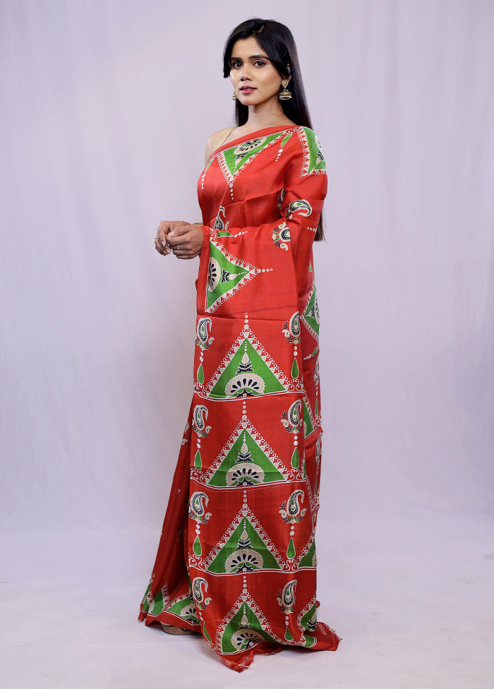 Red Printed Pure Silk Saree With Blouse Piece - Indian Silk House Agencies