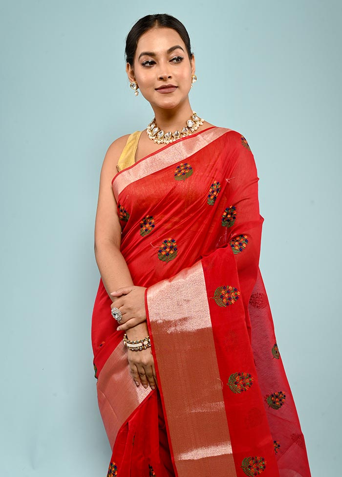 Red Cotton Saree With Blouse Piece - Indian Silk House Agencies