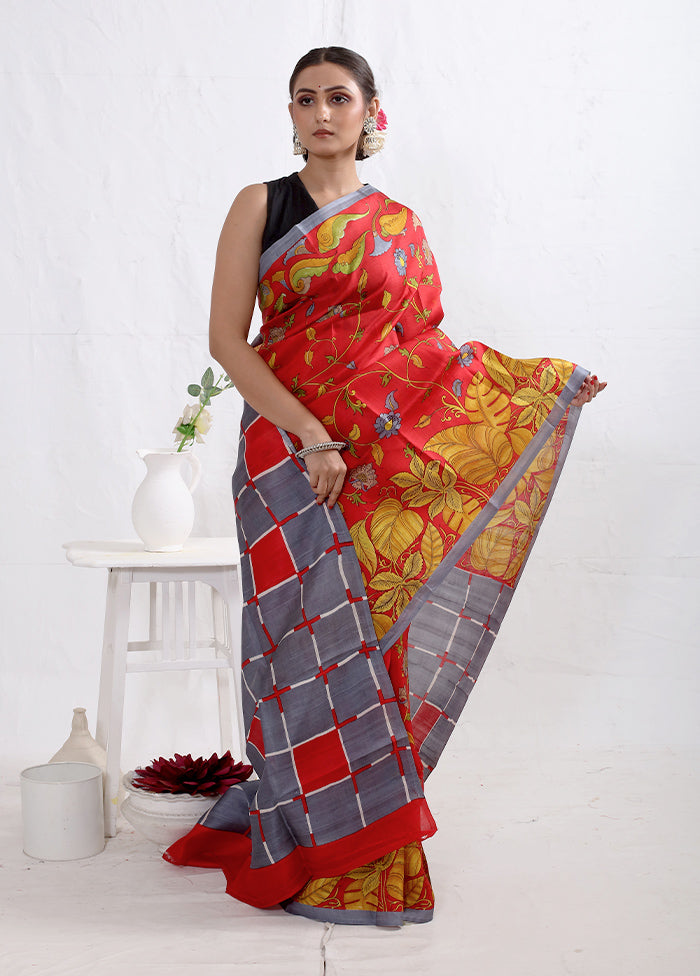 Red Printed Pure Silk Saree With Blouse Piece - Indian Silk House Agencies