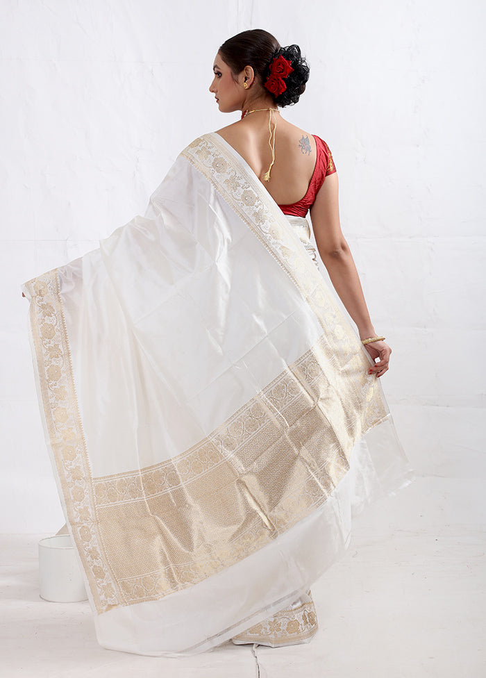 White Katan Pure Silk Saree With Blouse Piece - Indian Silk House Agencies