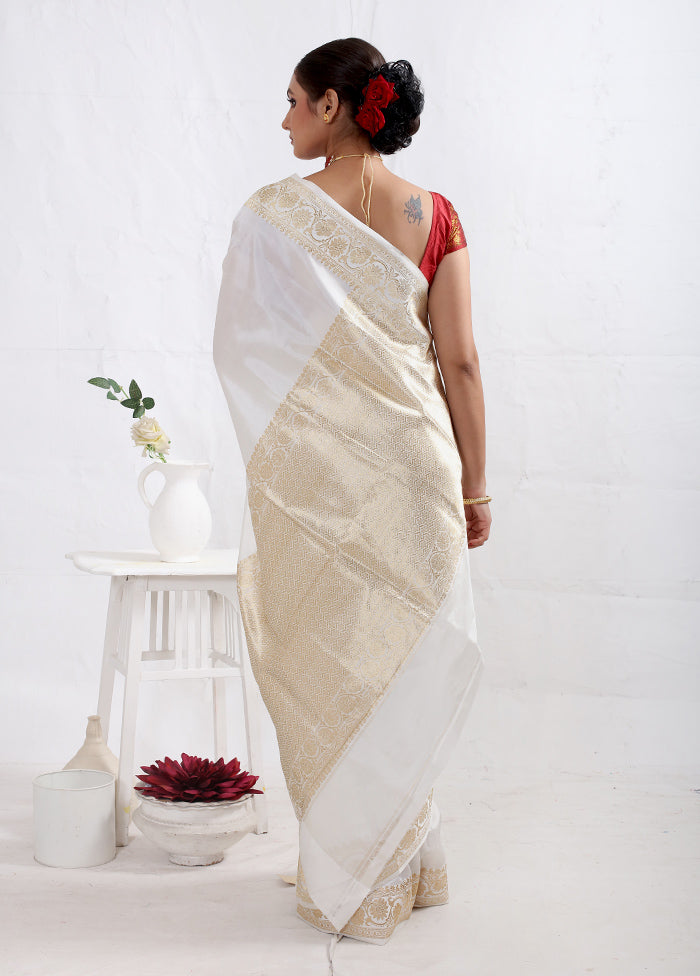 White Katan Pure Silk Saree With Blouse Piece - Indian Silk House Agencies