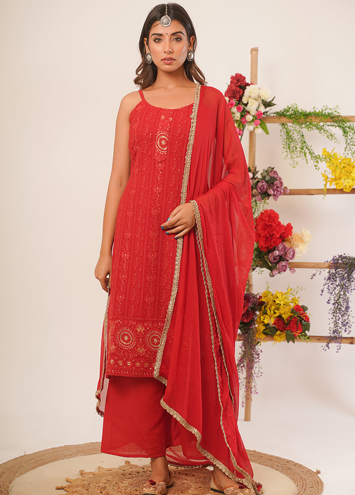 3 Pc Red Pure Georgette Hand Crafted Suit Set - Indian Silk House Agencies