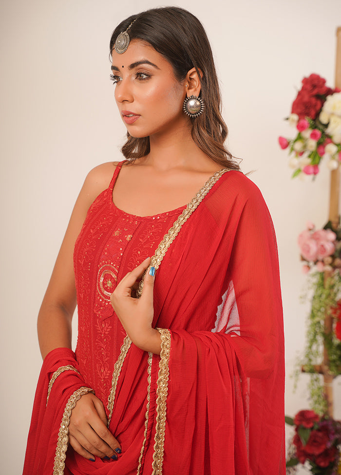 3 Pc Red Pure Georgette Hand Crafted Suit Set - Indian Silk House Agencies